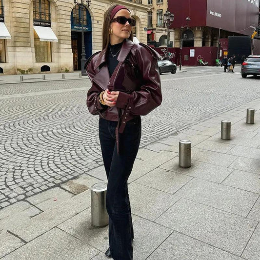 Loose Lapel Leather Jacket Fashion Cropped Tops Streetwear For Womens Clothing - MANDOTOS
