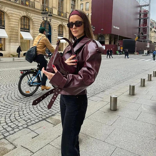 Loose Lapel Leather Jacket Fashion Cropped Tops Streetwear For Womens Clothing - MANDOTOS