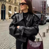 Mandotos women's loose lapel leather jacket with cropped streetwear style, featuring a fashionable fit and classic design.