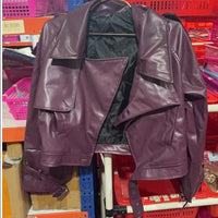Mandotos women's loose lapel leather jacket with cropped streetwear style, stylish fashion top for casual wear.