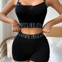 Mandotos women's love letter waist head camisole paired with matching boyshorts, featuring a playful, romantic design and comfortable fit.