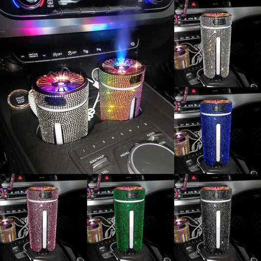 Mandotos luxury diamond car humidifier with LED light and aromatherapy diffuser, showcasing its elegant design and sleek features.