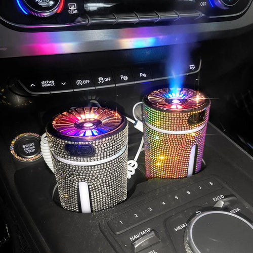 Mandotos luxury diamond car humidifier with LED light and aromatherapy diffuser, compact and stylish for vehicle interior.