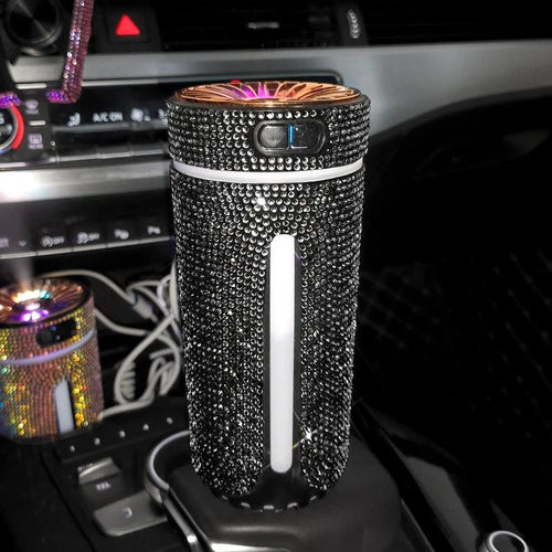 Mandotos luxury diamond car humidifier with LED light and aromatherapy diffuser, compact and stylish for vehicle use.