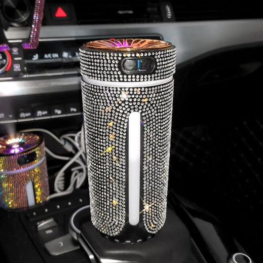 Mandotos luxury diamond car humidifier with LED light and aromatherapy diffuser, designed for freshening and relaxing in vehicles.