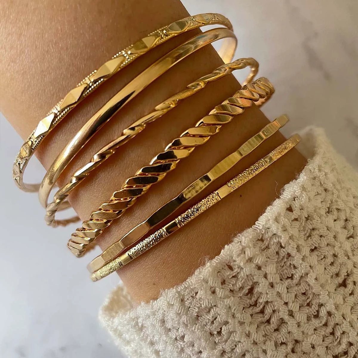 MANDOTOS Bohemian Metal Chain Bracelet Set For Women Geometric Gold Color Thick Link Bangles Six Piece - MANDOTOS
