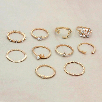 Mandotos Bohemian Star Moon Pearl Leaf 10-Piece Ring Set With Gold Finish And Stackable Designs - MANDOTOS
