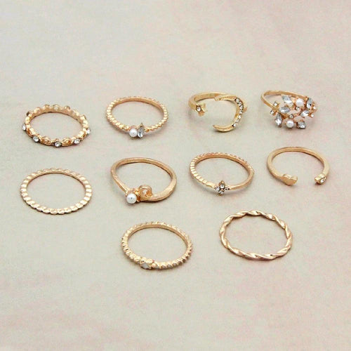 Mandotos Bohemian Star Moon Pearl Leaf 10-Piece Ring Set With Gold Finish And Stackable Designs - MANDOTOS