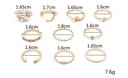 Mandotos Bohemian Star Moon Pearl Leaf 10-Piece Ring Set With Gold Finish And Stackable Designs - MANDOTOS