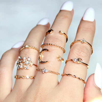 Mandotos Bohemian Star Moon Pearl Leaf 10-Piece Ring Set With Gold Finish And Stackable Designs - MANDOTOS