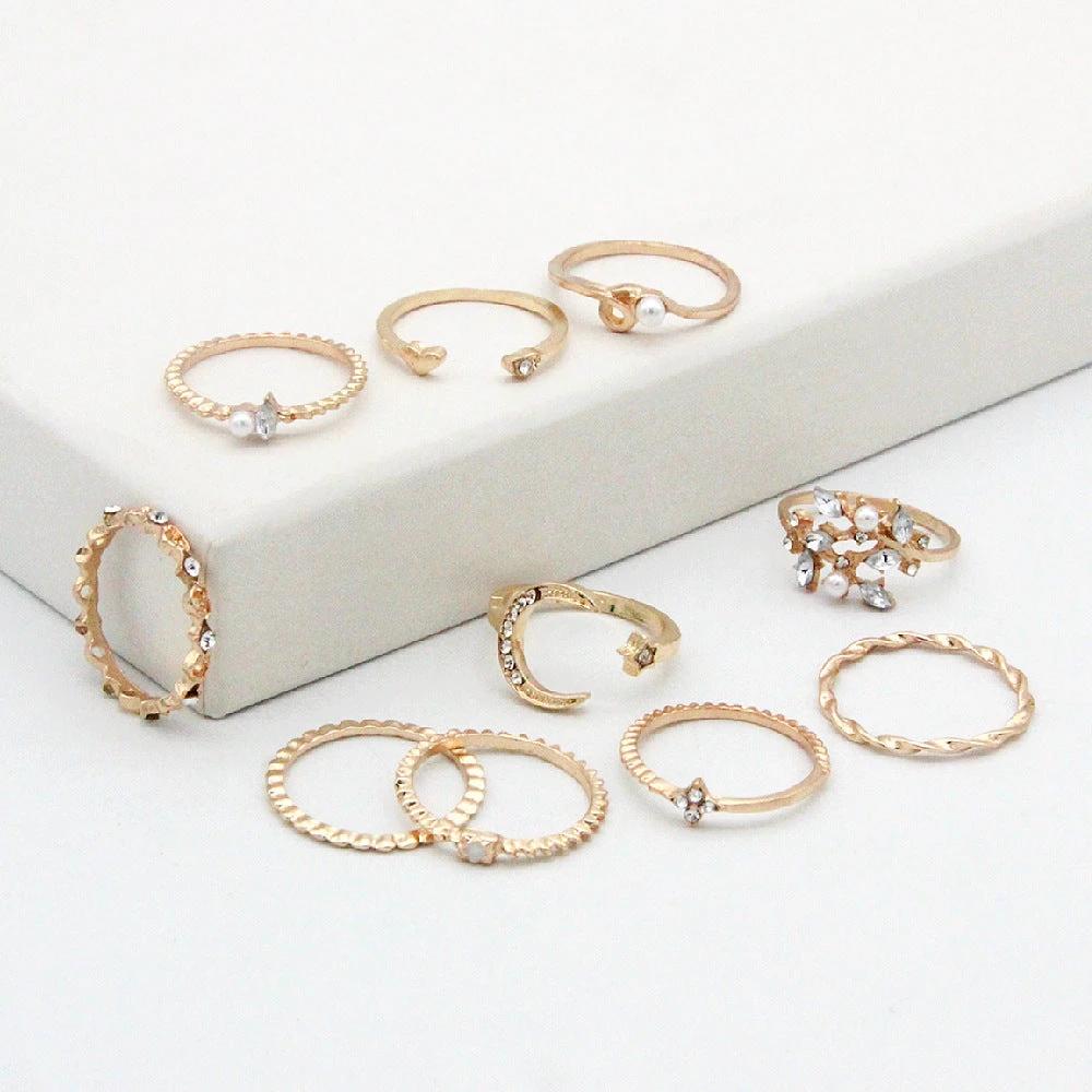 Mandotos Bohemian Star Moon Pearl Leaf 10-Piece Ring Set With Gold Finish And Stackable Designs - MANDOTOS