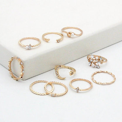 Mandotos Bohemian Star Moon Pearl Leaf 10-Piece Ring Set With Gold Finish And Stackable Designs - MANDOTOS