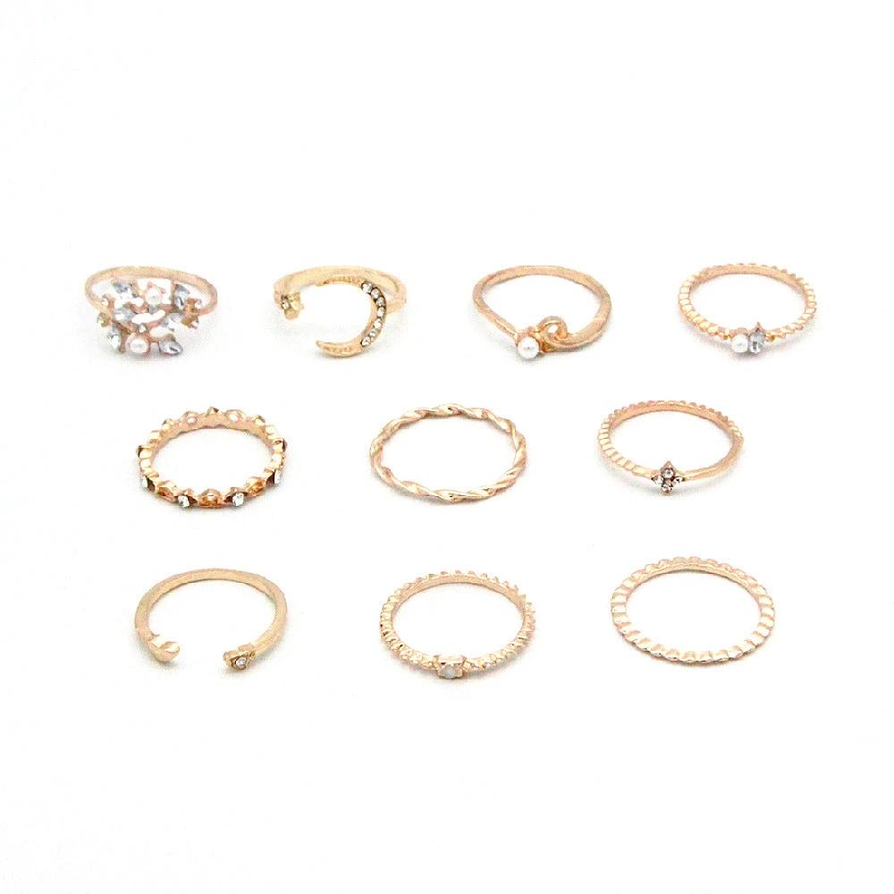 Mandotos Bohemian Star Moon Pearl Leaf 10-Piece Ring Set With Gold Finish And Stackable Designs - MANDOTOS