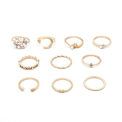 Mandotos Bohemian Star Moon Pearl Leaf 10-Piece Ring Set With Gold Finish And Stackable Designs - MANDOTOS
