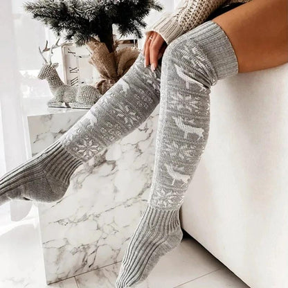MANDOTOS Christmas Knitted Stockings Elk Snowflake Over-The-Knee Socks Free Size For Women - MANDOTOS