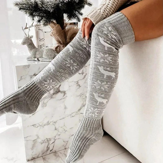 MANDOTOS Christmas Knitted Stockings Elk Snowflake Over-The-Knee Socks Free Size For Women - MANDOTOS