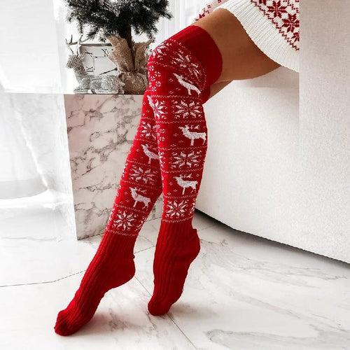 MANDOTOS Christmas Knitted Stockings Elk Snowflake Over-The-Knee Socks Free Size For Women - MANDOTOS