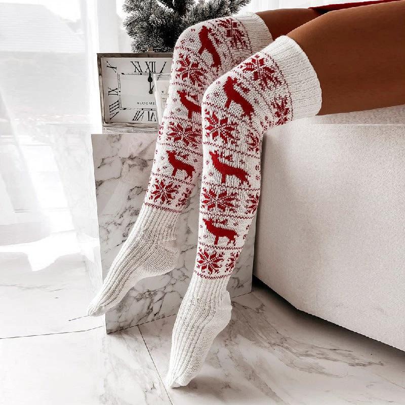 MANDOTOS Christmas Knitted Stockings Elk Snowflake Over-The-Knee Socks Free Size For Women - MANDOTOS