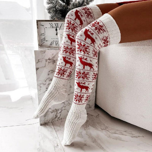 MANDOTOS Christmas Knitted Stockings Elk Snowflake Over-The-Knee Socks Free Size For Women - MANDOTOS