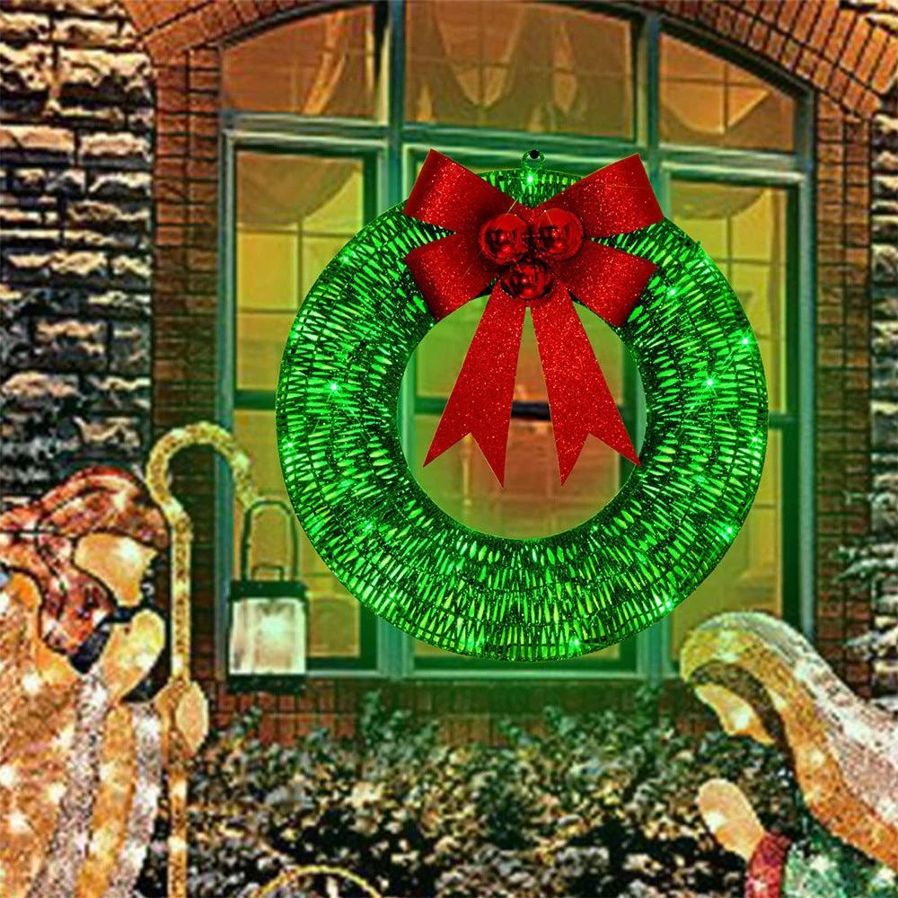 Mandotos Christmas Wreath 50cm Luminous LED Metal Garland Bowknot Front Door Hanging - MANDOTOS