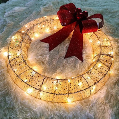 Mandotos Christmas Wreath 50cm Luminous LED Metal Garland Bowknot Front Door Hanging - MANDOTOS