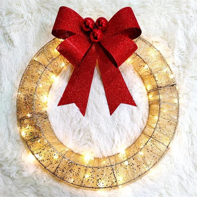 Mandotos Christmas Wreath 50cm Luminous LED Metal Garland Bowknot Front Door Hanging - MANDOTOS