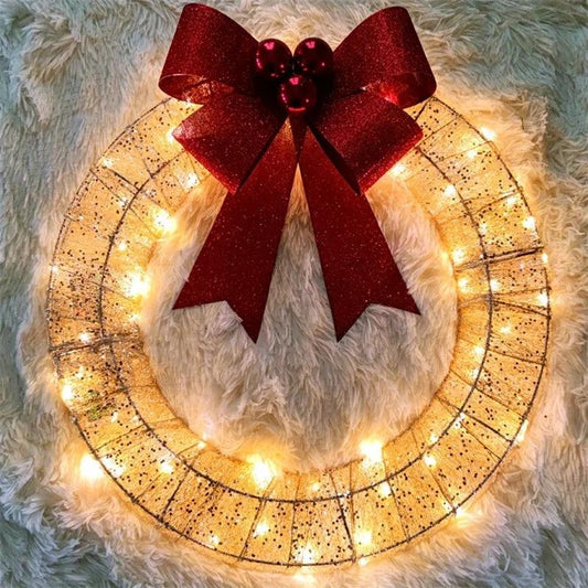 Mandotos Christmas Wreath 50cm Luminous LED Metal Garland Bowknot Front Door Hanging - MANDOTOS