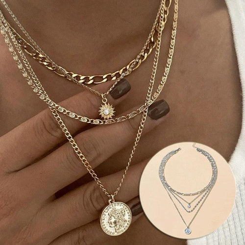Mandotos Chunky Gold Layered Necklace With Coin Pendant And Sun Charm For Women - MANDOTOS