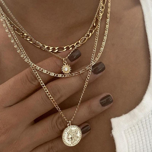 Mandotos Chunky Gold Layered Necklace With Coin Pendant And Sun Charm For Women - MANDOTOS