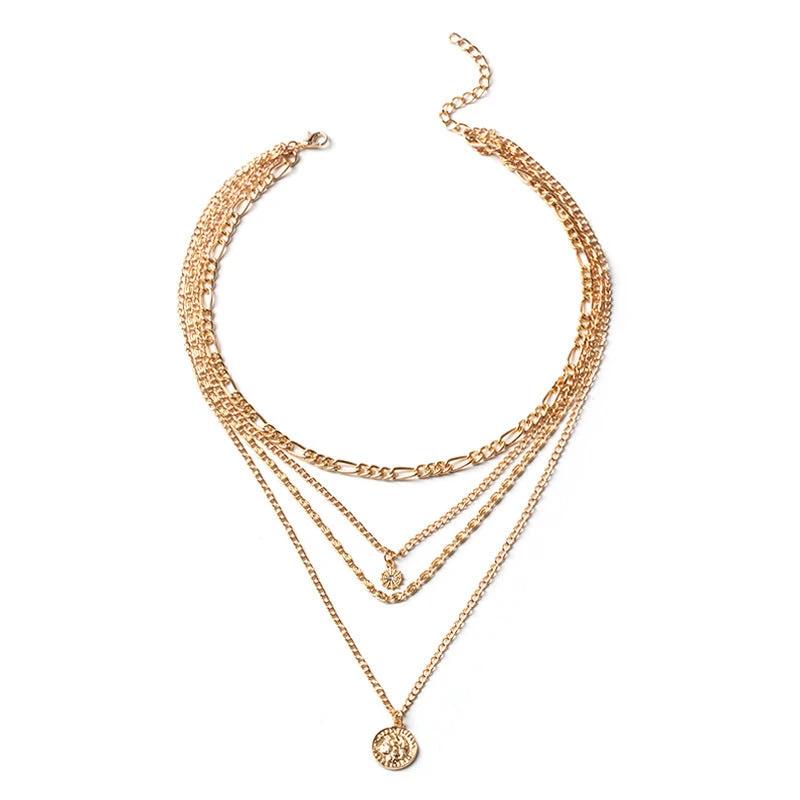 Mandotos Chunky Gold Layered Necklace With Coin Pendant And Sun Charm For Women - MANDOTOS
