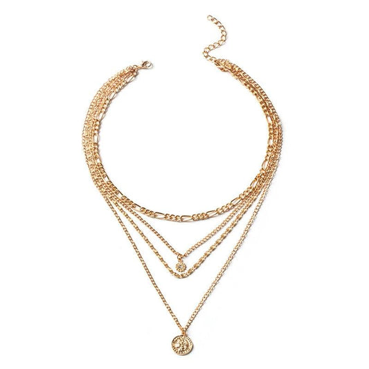 Mandotos Chunky Gold Layered Necklace With Coin Pendant And Sun Charm For Women - MANDOTOS