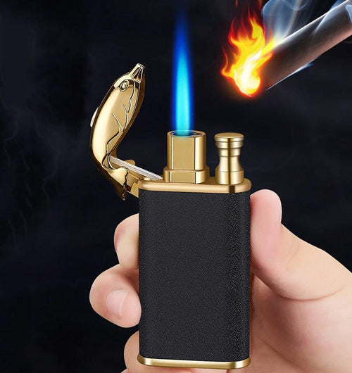 Mandotos blue flame lighter with dolphin, dragon, and tiger metal designs, windproof double flame, refillable and durable.