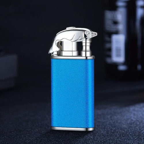 Mandotos creative blue flame lighter featuring dolphin, dragon, and tiger designs with metal windproof, double flame, refillable function.
