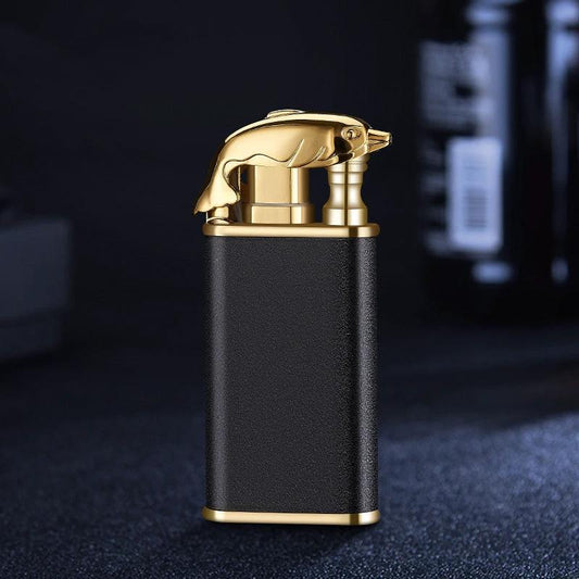 Mandotos blue flame lighter featuring dolphin, dragon, tiger designs, metal windproof double flame, refillable for outdoor use.