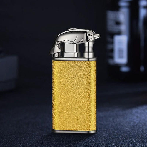 Mandotos creative blue flame lighter featuring dolphin, dragon, and tiger designs with windproof, double flame, refillable metal body.
