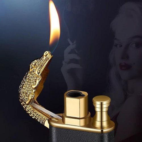 Mandotos Creative Blue Flame Lighter with dolphin, dragon, and tiger designs, windproof metal body, double flame, refillable.