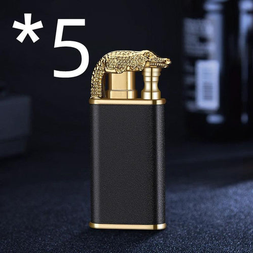 Mandotos creative blue flame lighter featuring dolphin, dragon, and tiger designs with double windproof flames, refillable metal body.