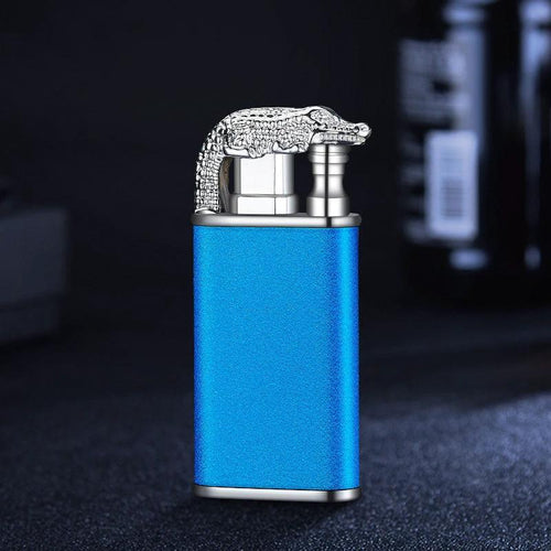Mandotos blue flame lighter featuring dolphin, dragon, tiger designs, windproof metal body with double flames, refillable and creative.