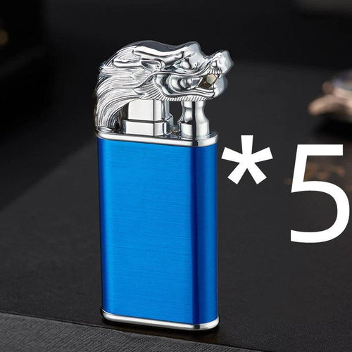 Mandotos creative blue flame lighter featuring dolphin, dragon, and tiger designs, metal windproof double flame, refillable and stylish.