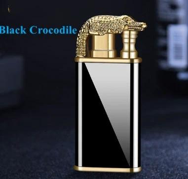 Mandotos blue flame lighter with dolphin, dragon, and tiger designs, metal windproof double flame, refillable and creative in style