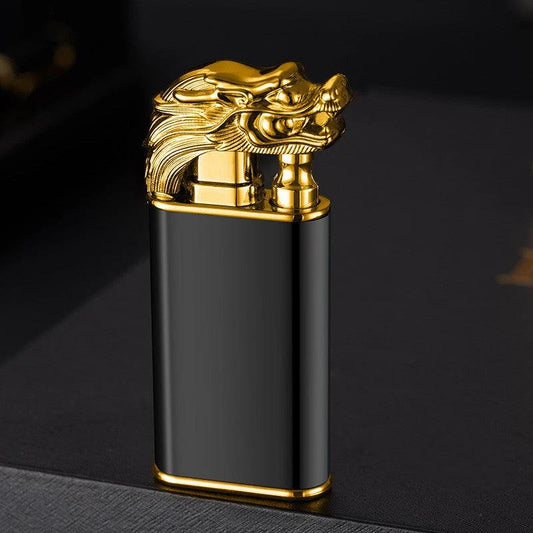 Mandotos blue flame lighter with dolphin, dragon, and tiger metal design, windproof double flame, refillable and windproof.