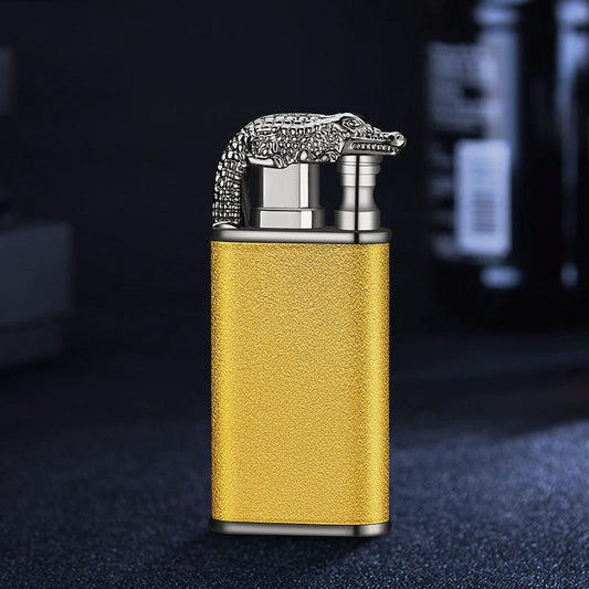 Mandotos creative blue flame lighter featuring dolphin, dragon, and tiger designs, windproof double flame, refillable metal construction.