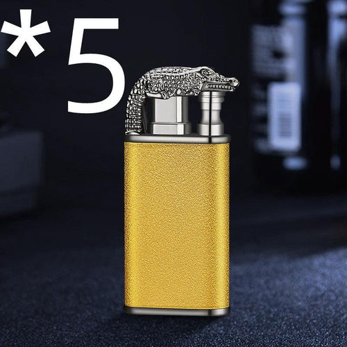 Mandotos creative blue flame lighter featuring dolphin, dragon, and tiger designs with double windproof flames, refillable metal body.