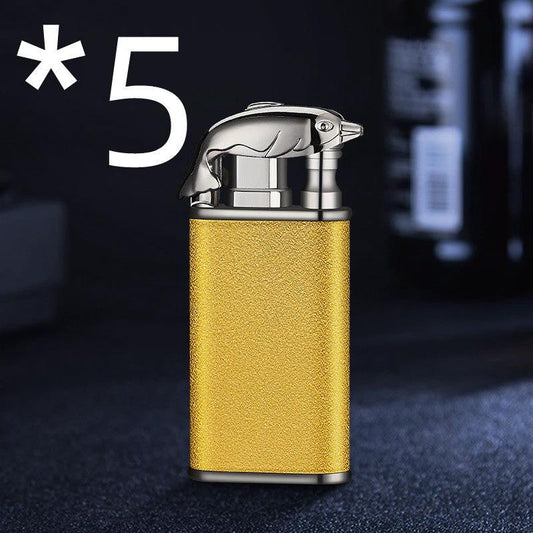 Mandotos Blue Flame Lighter with dolphin, dragon, tiger designs, metal windproof double flame, refillable, creative and stylish.