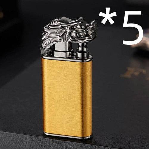 Mandotos blue flame lighter with dolphin, dragon, and tiger designs, metal windproof double flame, refillable and portable.