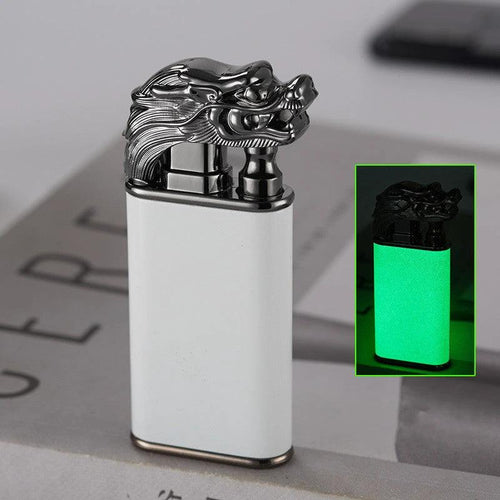 Mandotos creative blue flame lighter featuring dolphin, dragon, and tiger designs, windproof metal body with double flame, refillable.