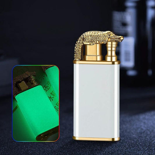 Mandotos blue flame lighter featuring dolphin, dragon, and tiger designs, windproof metal body, double flame, refillable, creative style.