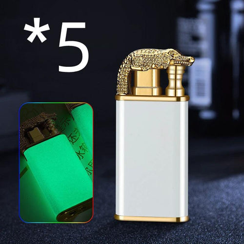 Mandotos Creative Blue Flame Lighter with dolphin, dragon, tiger designs, metal windproof double flame, refillable, default model.