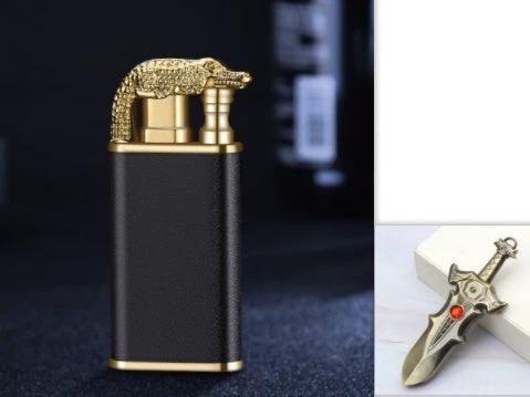 Mandotos creative blue flame lighter featuring dolphin, dragon, tiger designs, windproof metal body, double flame, refillable.