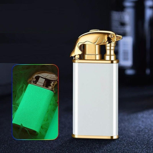 Mandotos creative blue flame lighter featuring dolphin, dragon, and tiger designs with double windproof flames and metal construction.